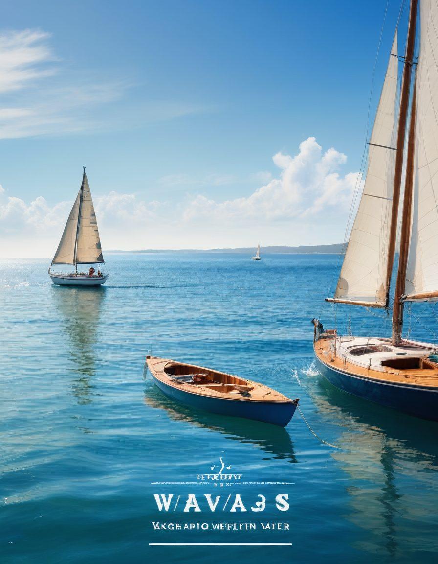 A serene waterfront scene showcasing diverse watercraft including a sailboat, a kayak, and a yacht, to symbolize various types of boats. Overlay text in elegant typography reading 'Navigating the Waves: Choose the Right Boat Insurance'. Incorporate subtle imagery of waves and a compass to represent guidance and navigation. Create a sunny atmospheric backdrop with vibrant blue skies and sparkling water. vibrant colors. painting.