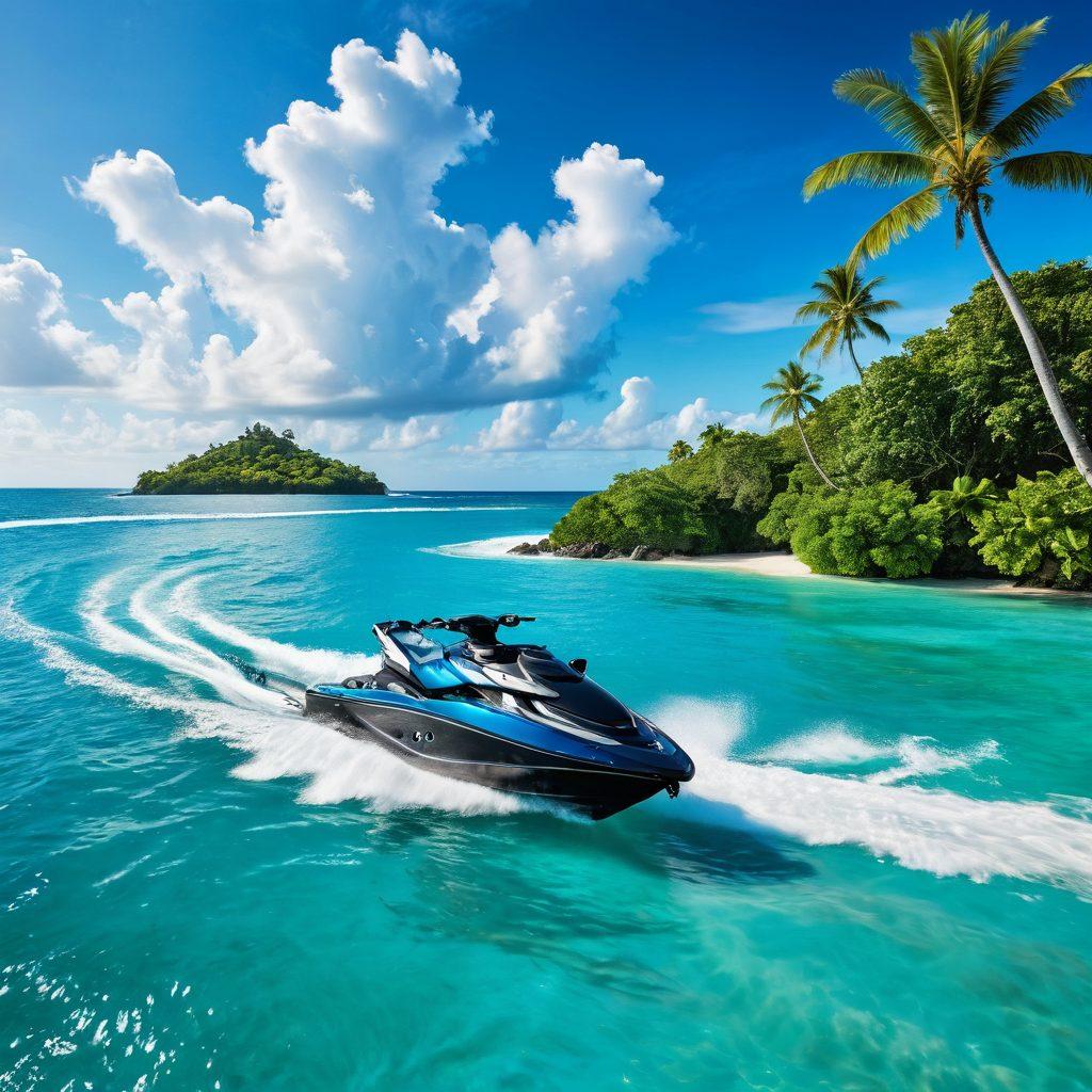 A dynamic scene featuring a luxurious yacht sailing on a shimmering turquoise sea alongside an agile jet ski, with glistening waves splashing around. The sky is a brilliant blue, dotted with fluffy white clouds, while a backdrop of lush green islands enhances the tropical vibe. Elemental icons representing various types of watercraft insurance hover playfully around the image. super-realistic. vibrant colors. tropical theme.