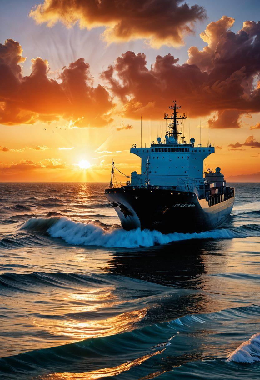 A calm sea with a silhouette of a large ship navigating through gentle waves, surrounded by caution signs representing marine risks, such as lightning, ship collision, and environmental hazards. In the foreground, a checklist detailing marine liability and accident insurance points, blending with the water. A sunset casts vibrant hues reflecting on the water's surface. super-realistic. vibrant colors. 3D.